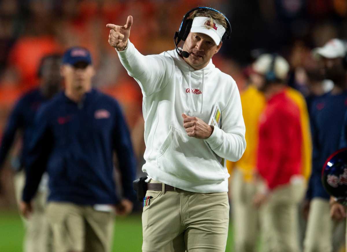 Mississippi Rebels head coach Lane Kiffin celebrates a pass interference call as Auburn Tigers take on Mississippi Rebels at Jordan-Hare Stadium in Auburn, Ala., on Saturday, Oct. 21, 2023. The Mississippi Rebels defeated the Auburn Tigers 28-21.  